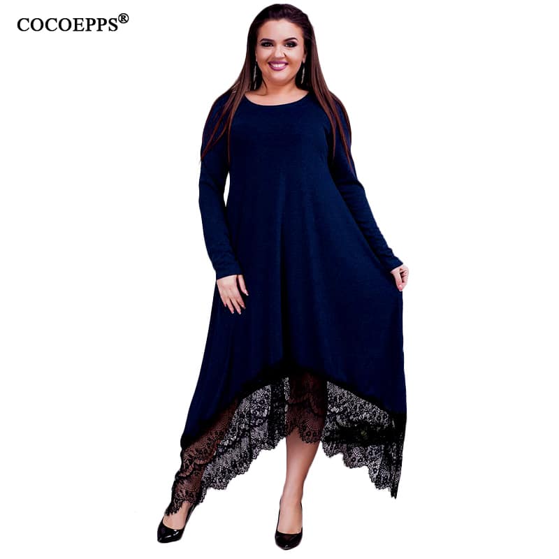 Elegantse pitsiga ääristatud kleit suuruses 5XL-6XL, must ja sinine värv, sobib talveks ja pidulikeks sündmusteks.