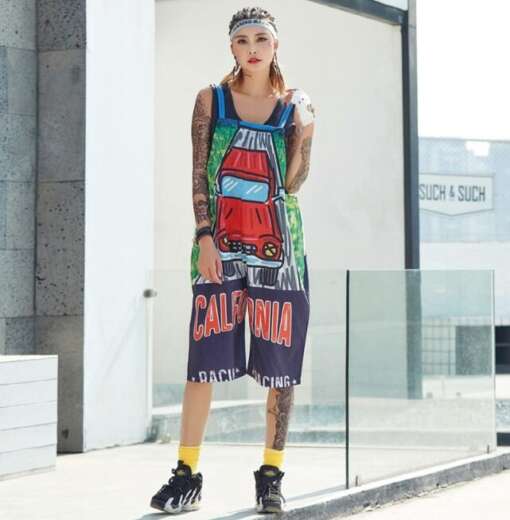Omapärased naiste traksipüksid, off-the-shoulder stiil, RACING print, hip hop tantsuks sobilikud.