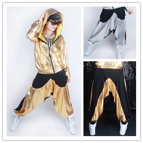 Lapsed ja täiskasvanud hiphopi tantsupüksid, laiad haaremstiilis, kuldsed ja hõbedased toonid, unisex, neoonvärvid ja lapitehnikas disain.