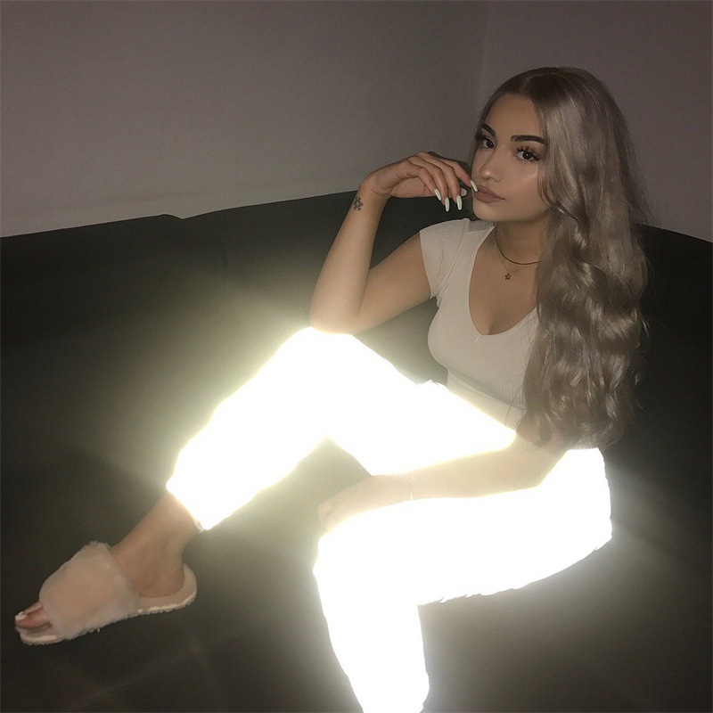 Kylie Jenneri stiilis naiste pimedas helendavad hiphop püksid, kõrge vöökoht, laiad sääred, klubi stiil.