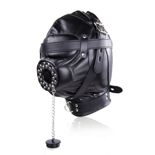 Fetiši stiilis nahast bondage mask avatud suuga, sobib paaridele BDSM mängudeks.