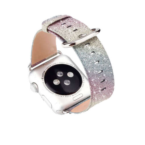 Leopardimustriga vikerkaarevärviline bling-bling nahast rihm Apple kella mudelitele Series 1, 2, 3, sobib suurustele 42mm ja 38mm.