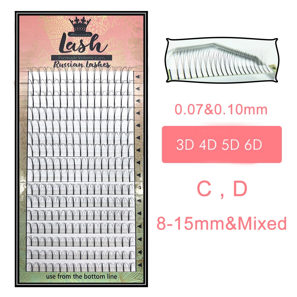 MAS Lashes premade volüümiripsmete komplekt, sisaldab C ja D kaarduvusega 3D/4D/5D/6D ripsmepikendusi, valmistatud faux mink materjalist.