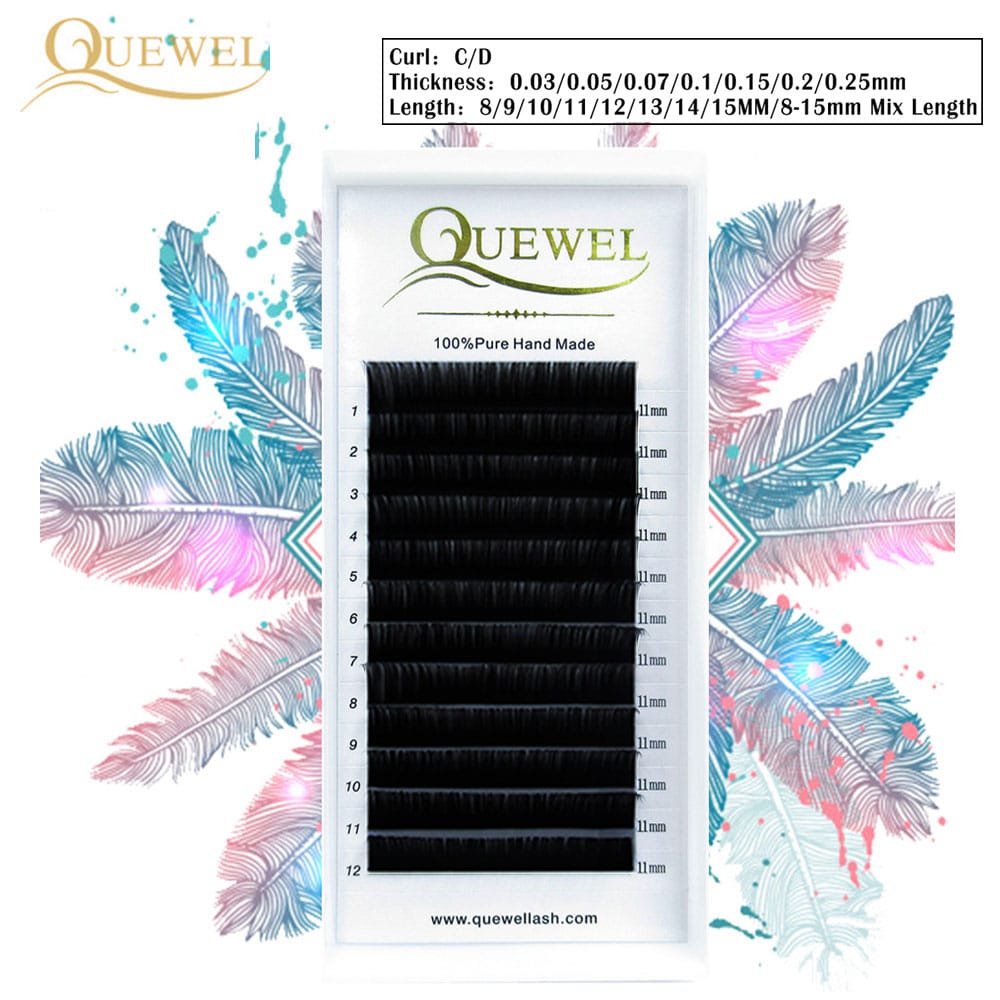 Mustad ripsmepikendused siidised C, CC, D kaardus, vene volüüm, 12 rida/tray, pehmed individuaalsed ripsmed Quewel.