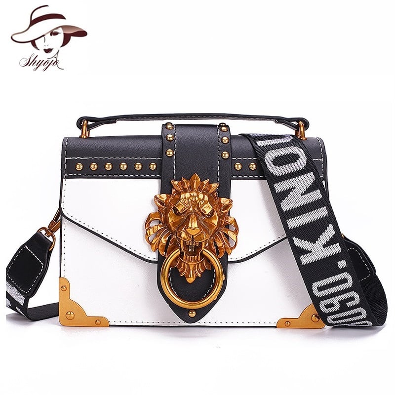 Kuldse lõviga crossbody kott, miniatuurne ja ruudukujuline, sobib ideaalselt moekale naisele.