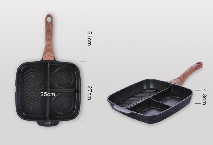 25x27cm kolmeks jaotatud titaanist mittenakkuv grillpann hommikusöögi valmistamiseks, professionaalne ja üldotstarbeline kööginõu.