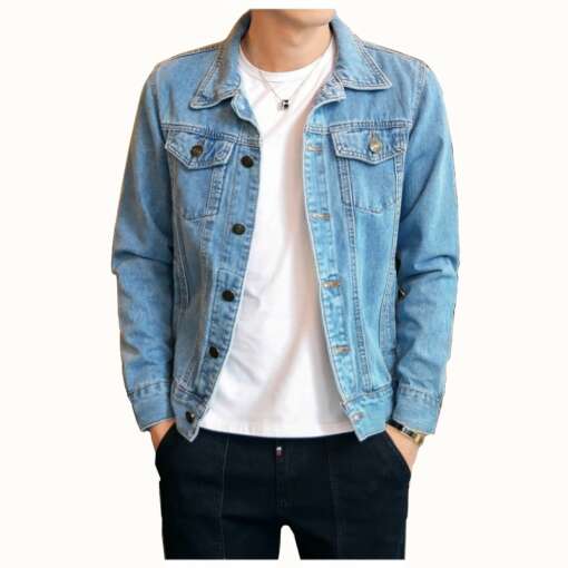 Klassikalised lihtsad teksatagid meestele, sinine denim, nööpidega esikinnis, taskud ees ja külgedel, sobib igapäevaseks kandmiseks.
