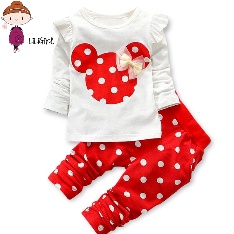 Täpiline puuvillane komplekt koosneb Mickey T-särgist ja täpilistest pükstest beebitüdrukutele.