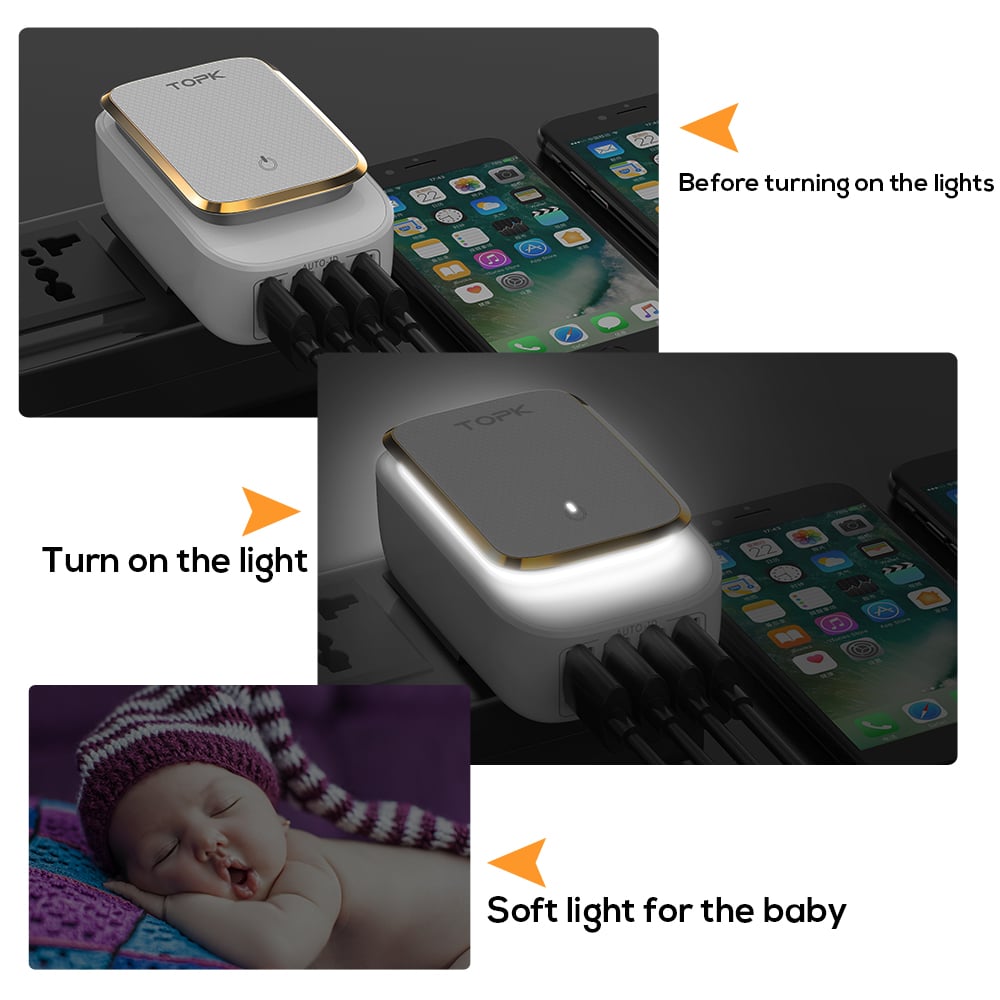 Nelja USB pordiga ja öövalgustusega laadija, millel on LED lamp ja Auto-ID funktsioon, sobib reisil kasutamiseks ning ühildub iPhone ja Samsung seadmetega.