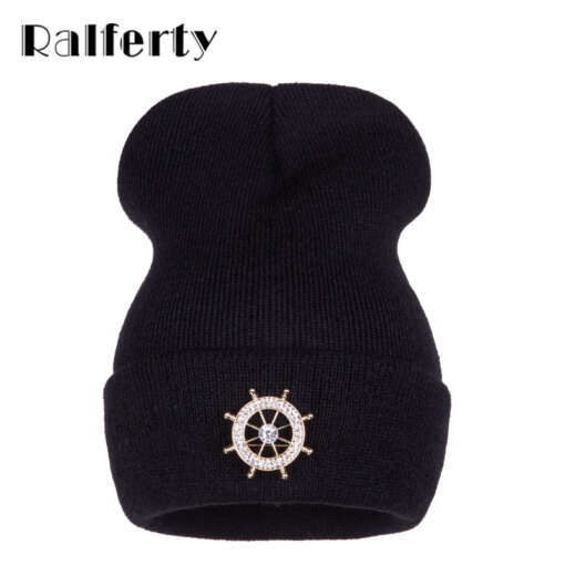 Laevarooliga kaunistatud must talvemüts naistele, Ralferty bränd, kootud beanie stiilis.