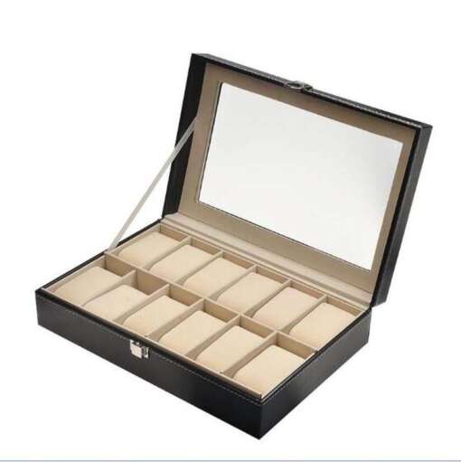 Must PU nahast kellakarp kaheteistkümnele kellale, mõõtmetega 30x20x8cm, elegantne ja stiilne hoiustamislahendus.