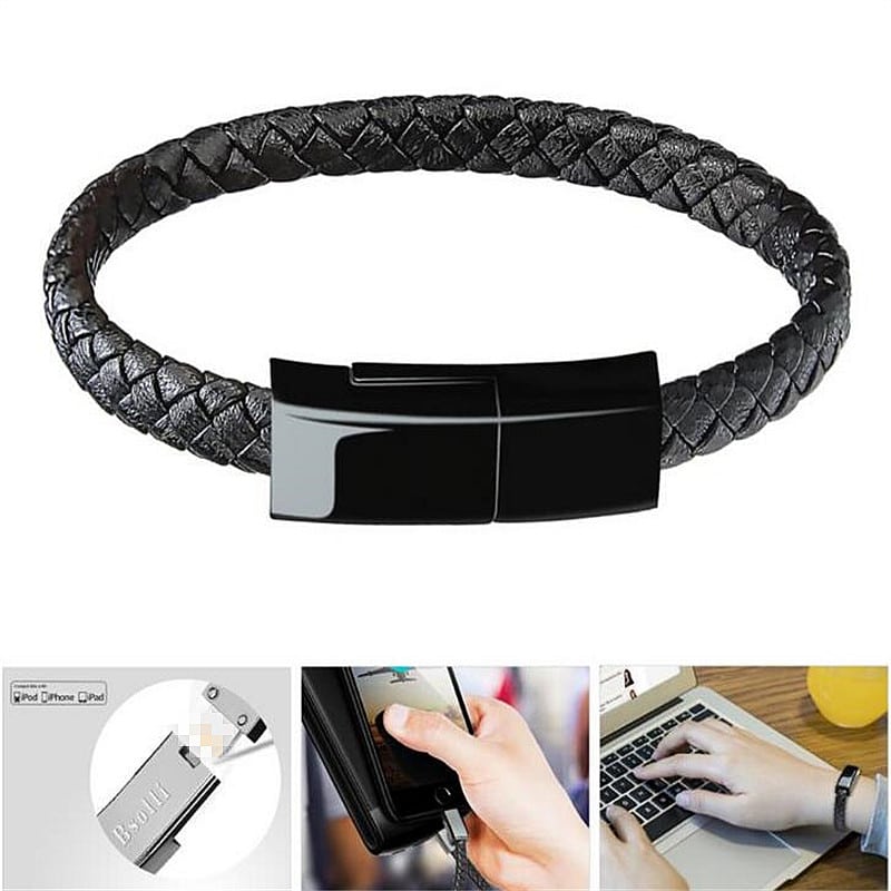 Must nahast mini Micro USB käevõru laadija andmete sünkroniseerimiseks ja laadimiseks iPhone ja Android seadmetele