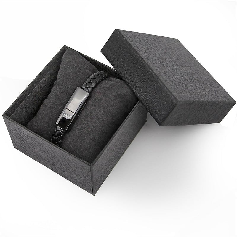 Must käevõru, mis toimib ka laadijana, valmistatud ehtsast nahast koos mini Micro USB kaabliga, sobib iPhone ja Android seadmetele.