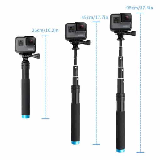 Statiiv GoPro ja telefonide jaoks, teleskoopiline ja kokkupandav, alumiiniumisulamist, musta värvi.