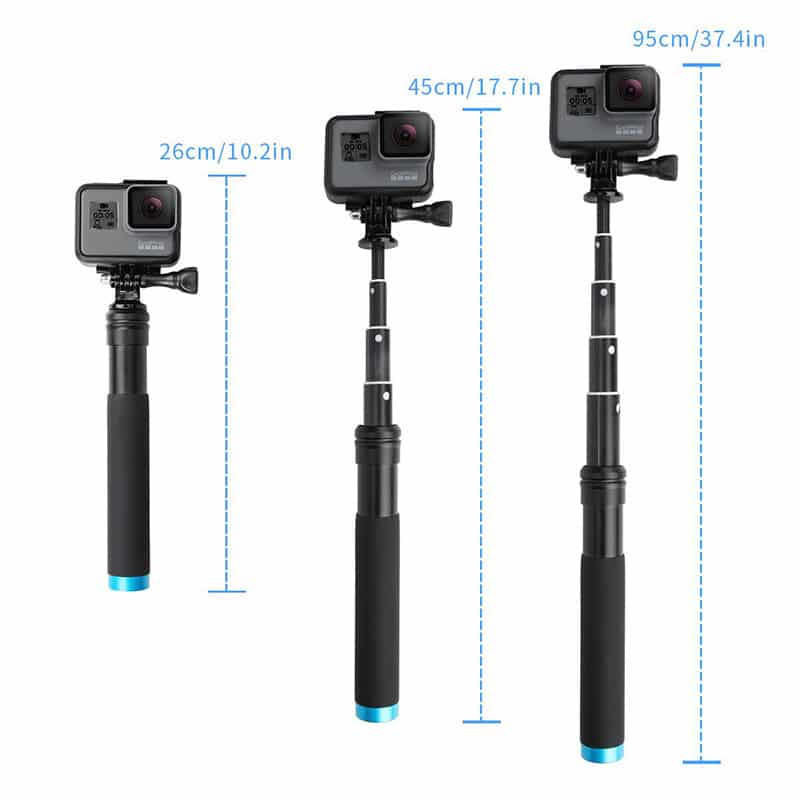 Statiiv GoPro ja telefonide jaoks, teleskoopiline ja kokkupandav, alumiiniumisulamist, musta värvi.