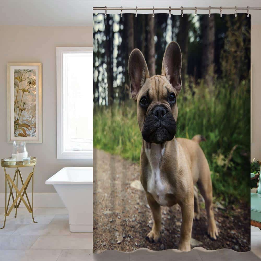 Realistliku koera kujutisega 3D digitrükiga vannikardin mõõtudega 180x150 cm, sobilik vannitoa sisustuselement.