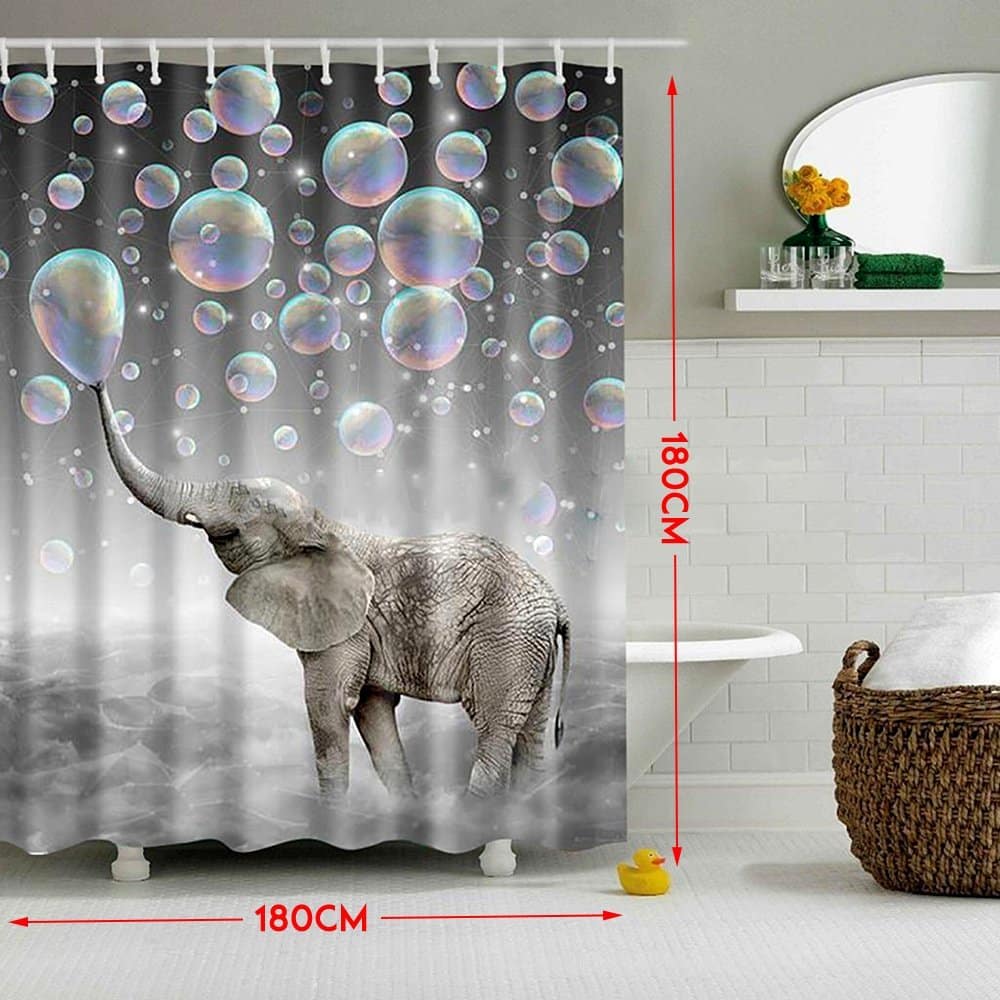 Dušikardin elevandiga, mis puhub mulle, sobib ideaalselt vannitoa sisustusse. Veekindel polüesterkangas mõõtudega 180x180cm sisaldab 12 konksu.