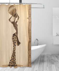 Aafrika stiilis vannikardinad naistega, kes kannavad traditsioonilisi rõivaid ja peakatteid, värvilised mustrid, polüesterkangas, vannitoa dekoratsioon.