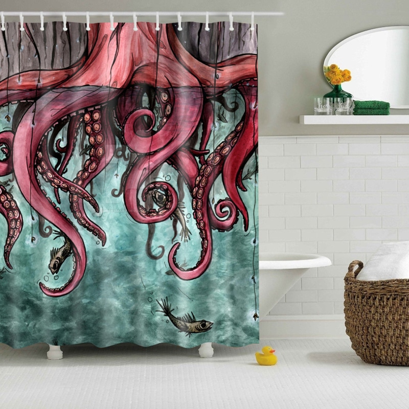 Svetanya koomiksi stiilis kaheksajala prindiga dušikardin, veekindel ja kaasas konksud, sobib vannitoa kaunistuseks, mõõdud 180 x 180 cm