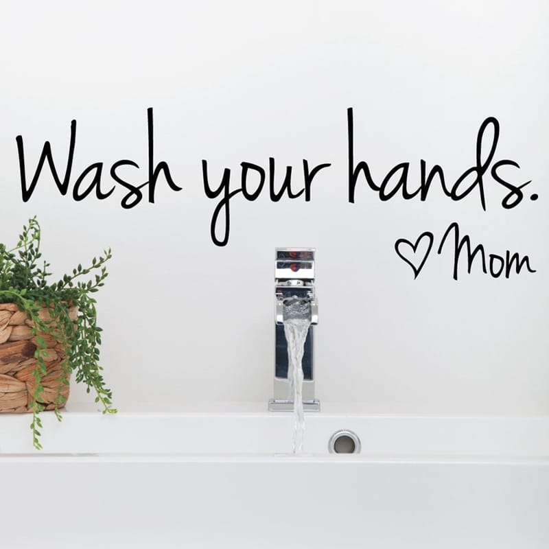 Seinakleeps "Wash your hands" veekindel vinüül, vannitoa seinakaunistus, armastusega ema