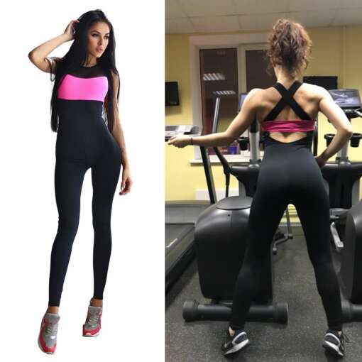 Must naiste sportlik jumpsuit treeninguks ja joogaks, seljaosata disain, sobib jooksmiseks ja treeninguteks.