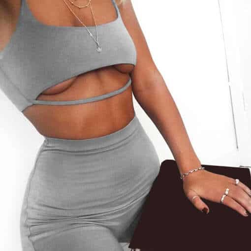 Napp kaheosaline komplekt suveks, hall ja must bodycon stiilis, crop top ja lühikesed püksid, naistele.