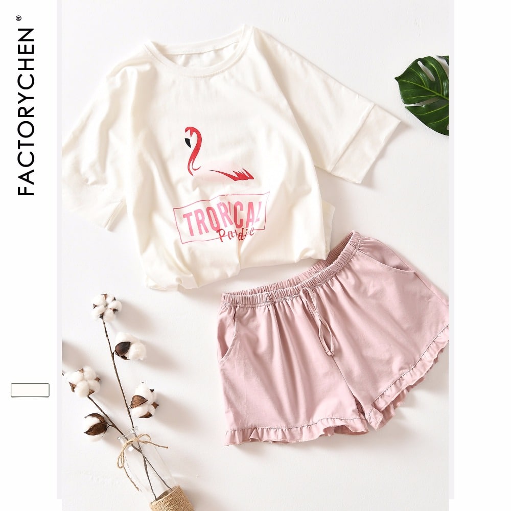 Lühike pidžaama flamingoga, 100% puuvill, suvine komplekt naistele.