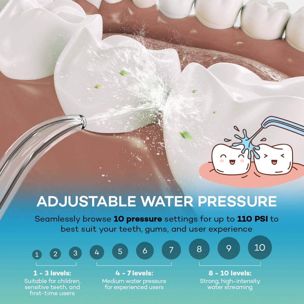 Waterpulse hammaste puhastamise komplekt koos rohelise veesurvepesuriga ja viie otsikuga.