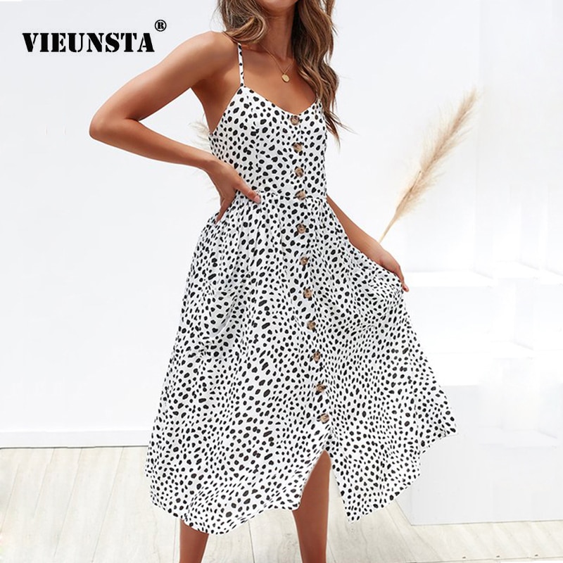 Leopardimustriga nööpidega suvekleit naistele, V-kaelusega, varrukateta ja taskutega, elegantne midi kleit.