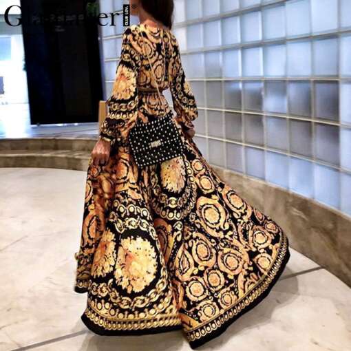 Pilkupüüdva mustriga maxikleit naistele, suvine elegantne boho stiilis kleit pikkade varrukatega ja paela mustriga.