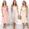 Seotava lipsuga off shoulder kleit, suvine boho stiil, rüüsidega ja nööbitav, rannariietus.