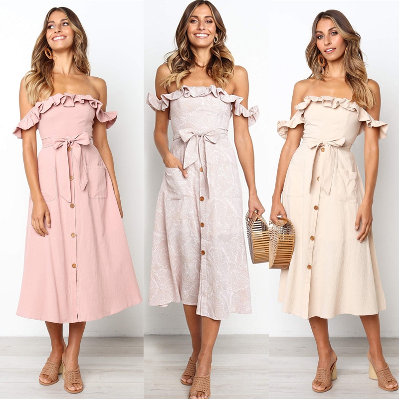 Seotava lipsuga off shoulder kleit, suvine boho stiil, rüüsidega ja nööbitav, rannariietus.