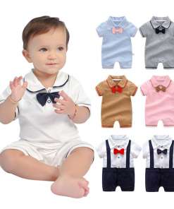 Beebide lipsudega jumpsuit helesinise ja valge triibulise mustriga, sobib pidulikeks sündmusteks ja argipäevaks.