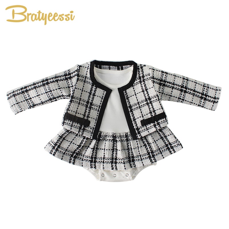Ruuduline jakk ja body komplekt väikestele tüdrukutele, elegantne ja mugav beebiriietus.