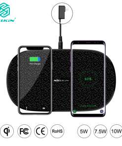 Juhtmevaba laadija kahele telefonile, sobib Xiaomi, Samsung Galaxy ja iPhone mudelitele, must värv, kaasaegne disain ja kiire laadimisvõimekus.