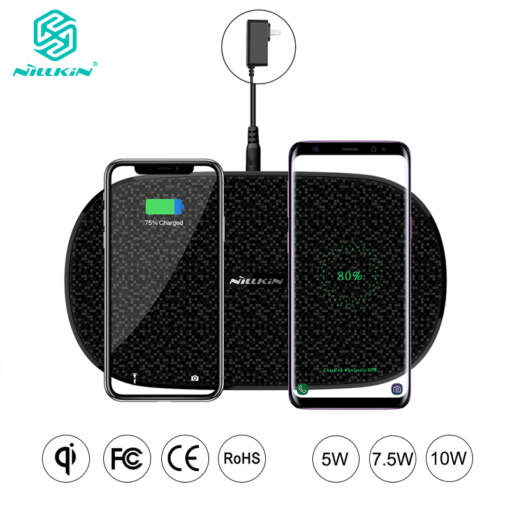 Juhtmevaba laadija kahele telefonile, sobib Xiaomi, Samsung Galaxy ja iPhone mudelitele, must värv, kaasaegne disain ja kiire laadimisvõimekus.
