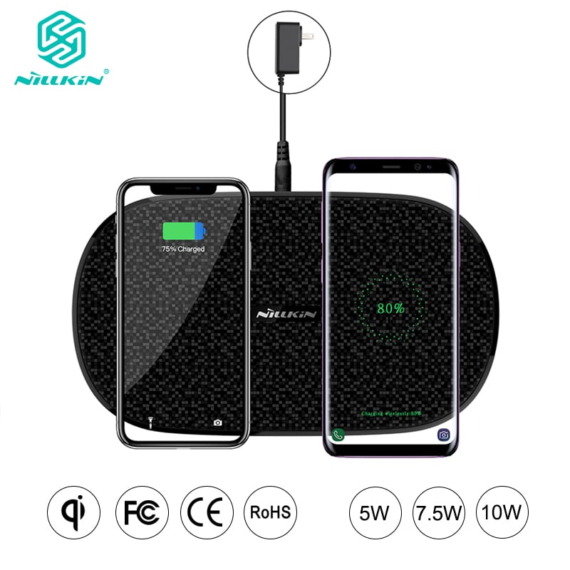Juhtmevaba laadija kahele telefonile, sobib Xiaomi, Samsung Galaxy ja iPhone mudelitele, must värv, kaasaegne disain ja kiire laadimisvõimekus.