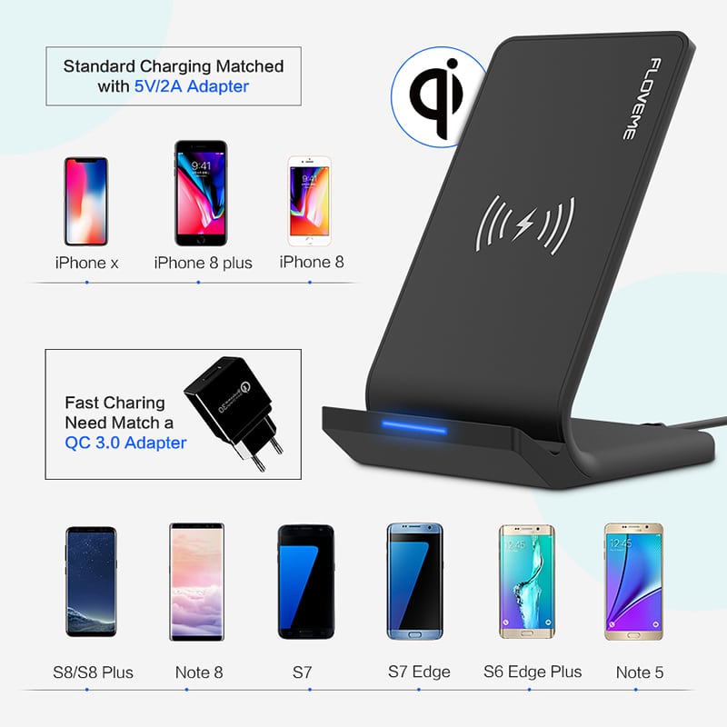 FLOVEME 10W juhtmevaba laadija alusega, sobib iPhone 8, X, Xs ja Samsung Galaxy S10, S8, S9, S7 Edge nutitelefonidele, kiire laadimine ja Qi-ühilduvus.