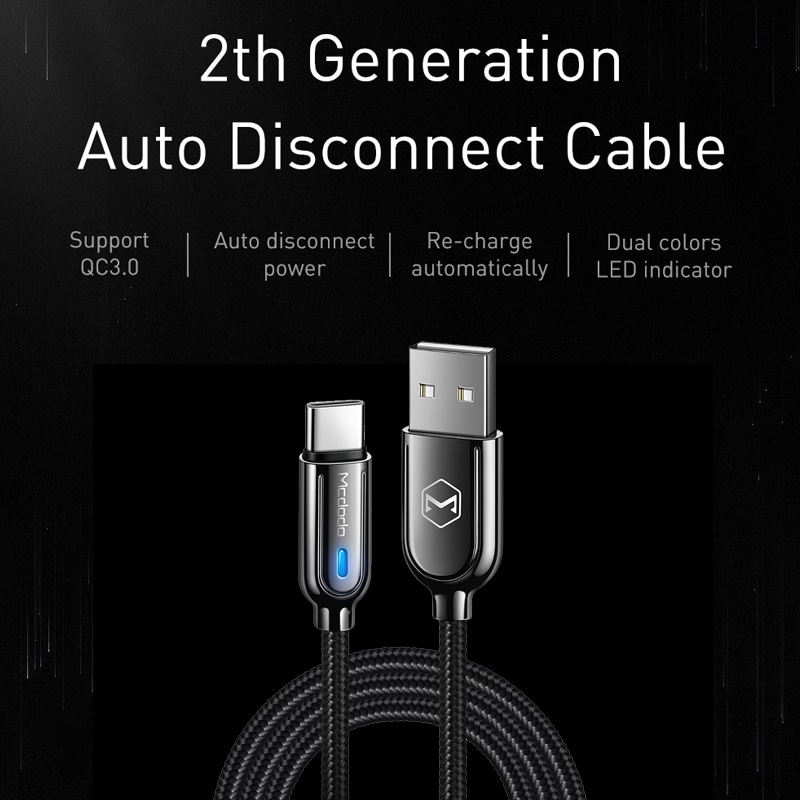 Mcdodo USB-C kaabel, kiire laadimine, automaatne katkestus, sobib Samsung Galaxy S10, S9, 8 Plus ja Xiaomi Redmi Note 7 jaoks