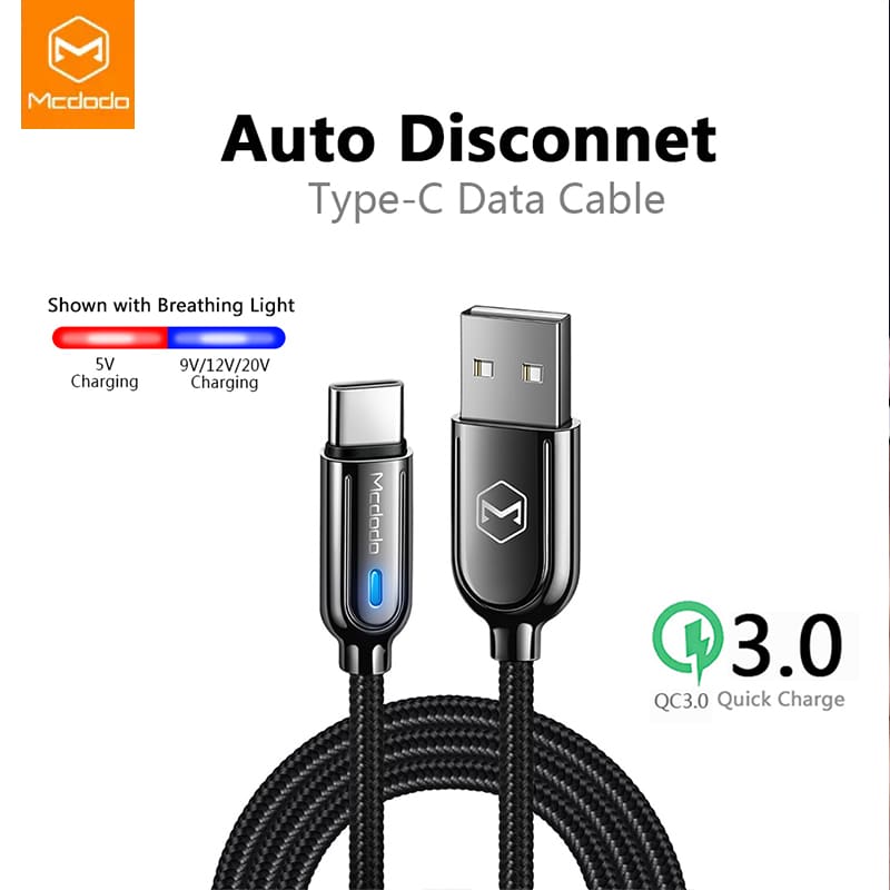 Mcdodo USB Type C 3A kiirlaadimiskaabel, mis sobib Samsung Galaxy S10, S9, S8 ja Xiaomi Redmi Note 7 seadmetele, automaatse lahtiühenduse funktsiooniga.
