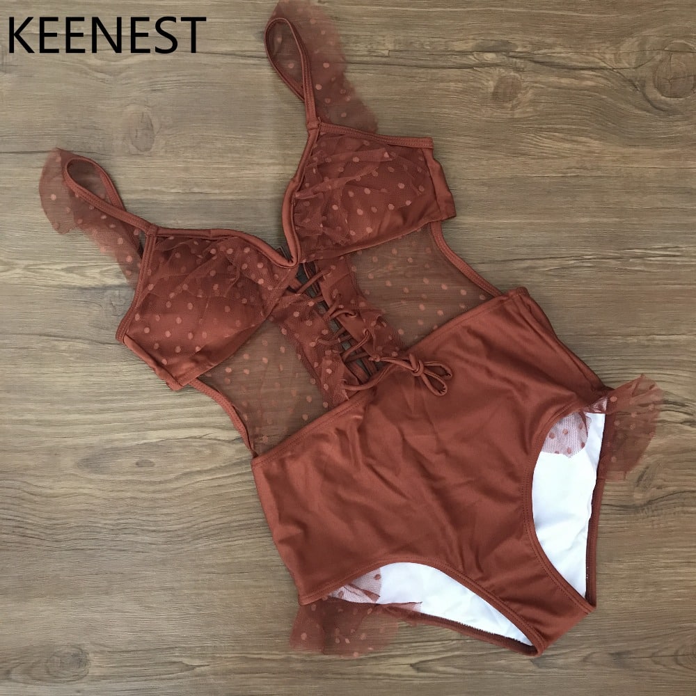Pitsiga kaunistatud trikoo, elegantne monokini disain naistele, polsterdatud ja seksikas üksikosa ujumisriietus.