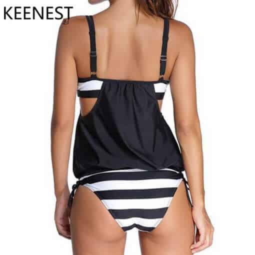 KEENEST 2018 pluss suuruses naiste must tankini, kaheosalise ujumistrikoo komplekt, polsterdatud ülaosa ja triibulise alumise osaga, sportlik ujumisriietus.