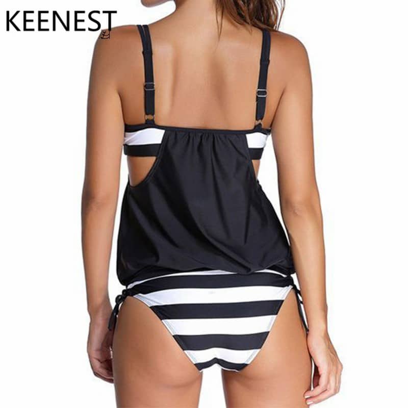 KEENEST 2018 pluss suuruses naiste must tankini, kaheosalise ujumistrikoo komplekt, polsterdatud ülaosa ja triibulise alumise osaga, sportlik ujumisriietus.