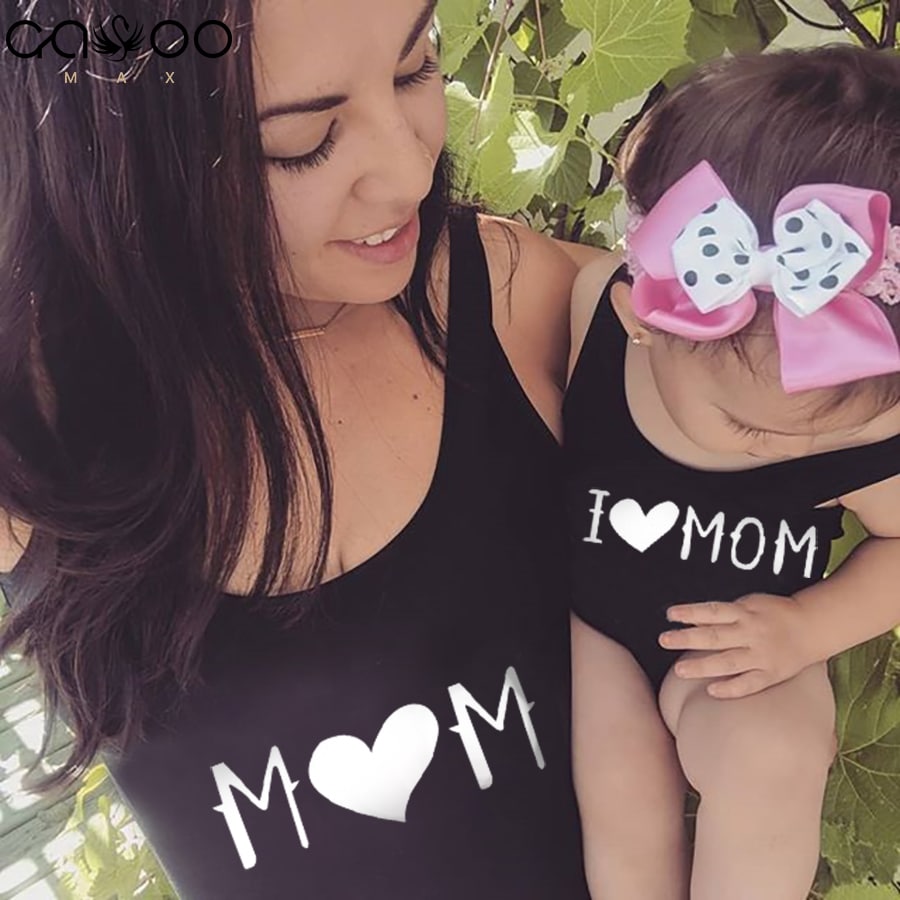 Trikoo emale ja lapsele, südame ja kirjaga "I LOVE MOM" ujumistrikoo tüdrukutele ja naistele.