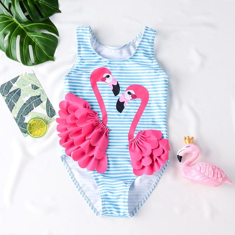 Triibuline trikoo kahe flamingoga lapsele, roosa ja valge disain.