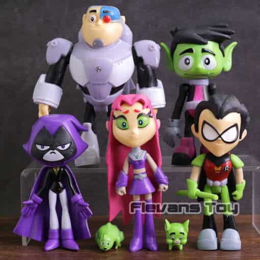 "Teen Titans" tegelaskujud koos erinevates poosides ja värviküllastes kostüümides.