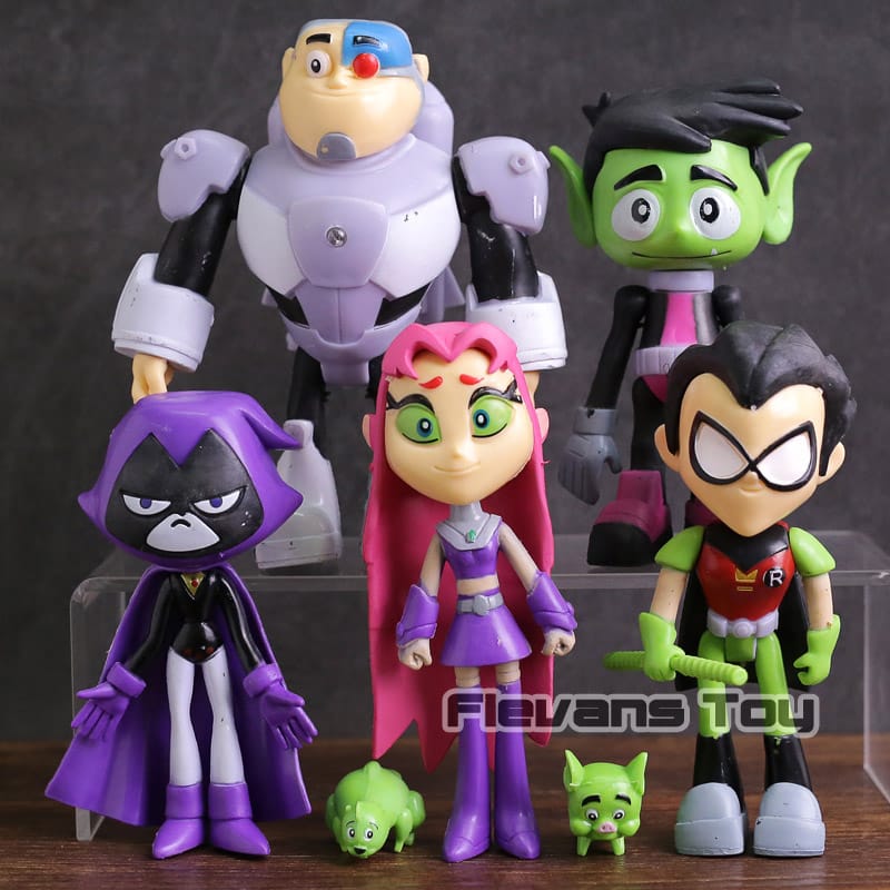 "Teen Titans" tegelaskujud koos erinevates poosides ja värviküllastes kostüümides.