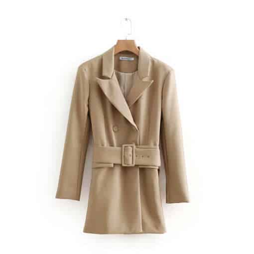 Elegantne khaki mantel naistele, esiküljelt vaade.