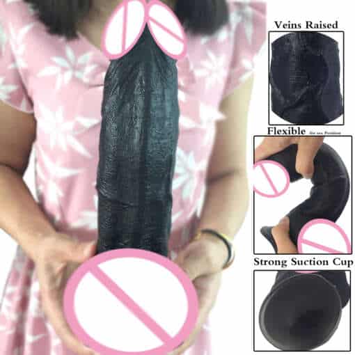 Suur paindlik dildo, musta värvi, realistliku tekstuuriga.