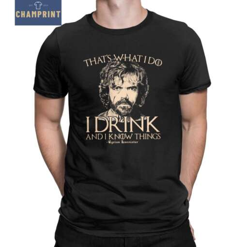 särk Tyrion Lannisteriga hallil taustal, valge särk musta trükiga, Game of Thrones tegelaskuju, meeste vabaajariietus